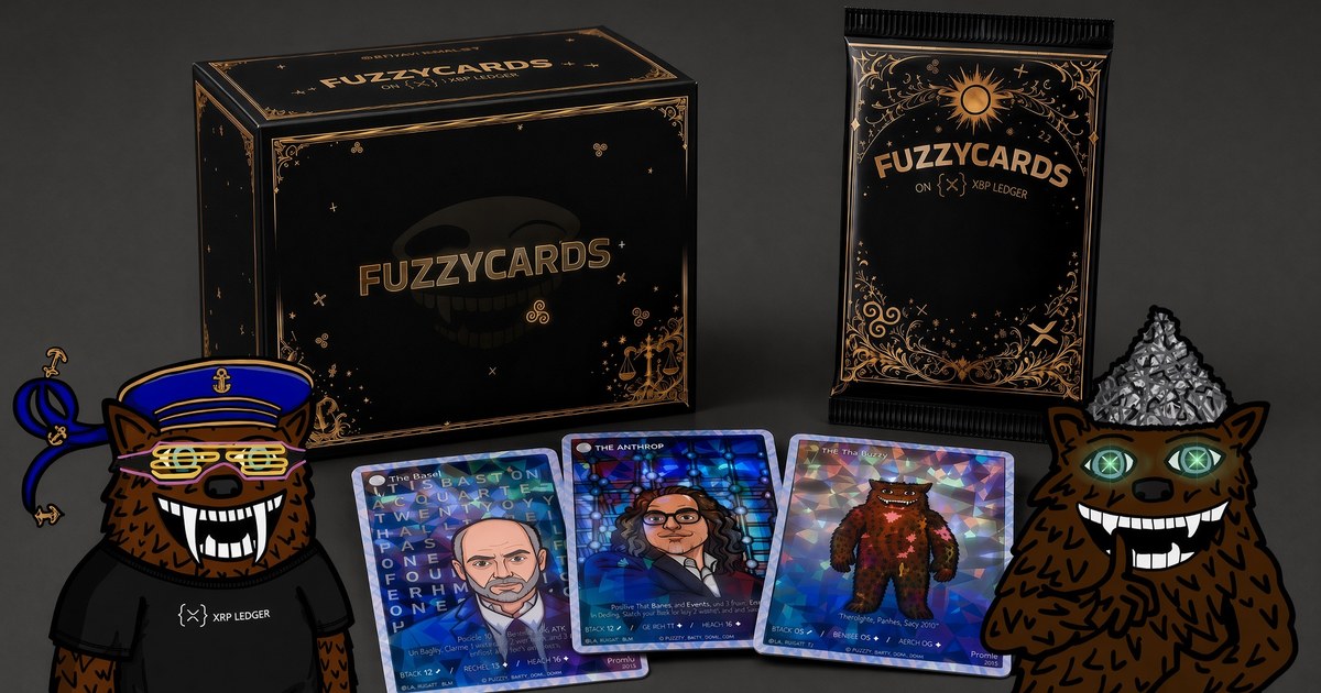 Fuzzycards TCG on the XRP Ledger — black and gold collector box, booster pack and three holographic Fuzzybears cards